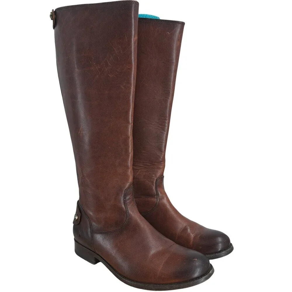 Frye Melissa Knee High Leather Brown Riding Boots Size 6.5 Distressed Snap Zip